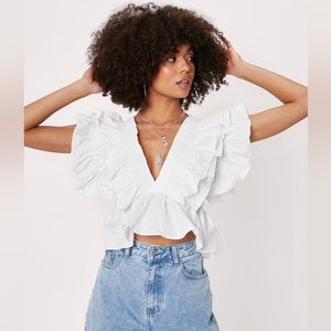 Layered Ruffle V Neck Crop Blouse Size 4 in White